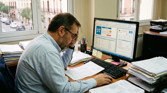 Gestor administrativo revisando facturas y liquidaciones del calendario fiscal de octubre en la pantalla de un ordenador