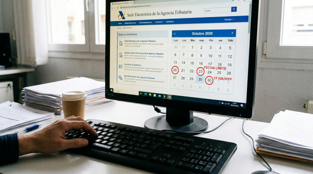 primer plano de un teclado de ordenador con una pantalla que muestra la sede electrónica de la Agencia Tributaria y un calendario fiscal de octubre marcado con fechas límite