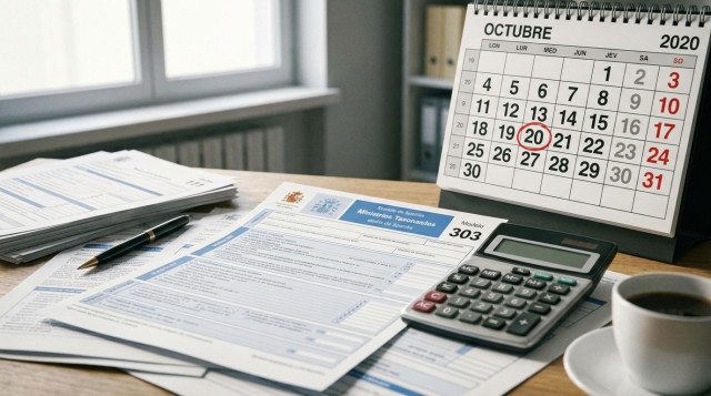 Primer plano de documentos de liquidación tributaria, calculadora de oficina y calendario con el día 20 de octubre marcado