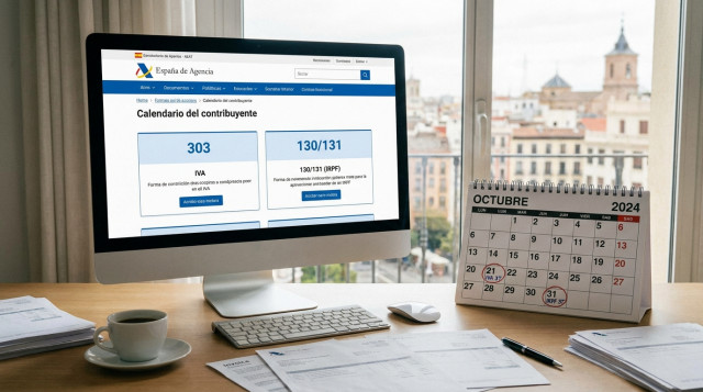 Pantalla de ordenador con la sede electrónica de la Agencia Tributaria y calendario fiscal de octubre con los modelos tributarios