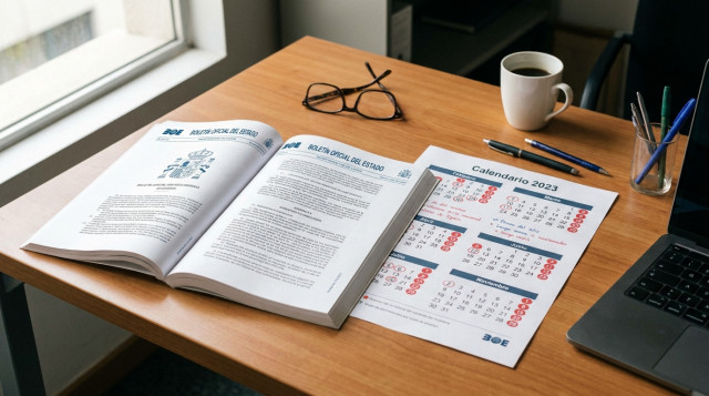 Ejemplar abierto del Boletín Oficial del Estado junto a un calendario laboral impreso con días festivos señalados sobre una mesa de oficina