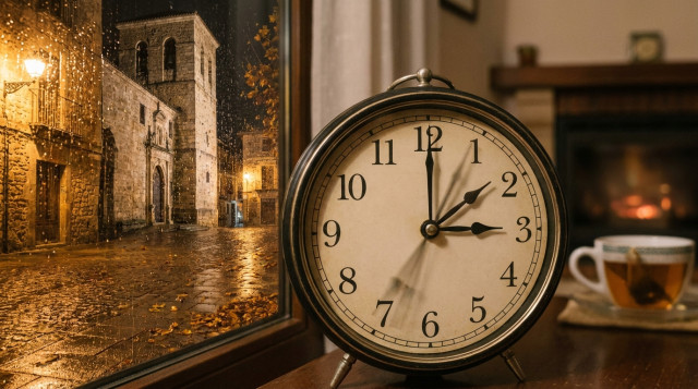 reloj analógico en primer plano con las agujas marcando el cambio al horario de invierno en una noche de otoño