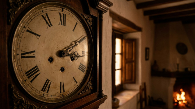 Primer plano de un reloj de pared con manecillas mecánicas retrocediendo de las tres a las dos de la madrugada durante el cambio al horario de invierno