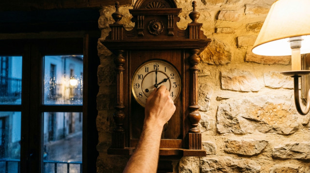 primer plano de un reloj de pared antiguo marcando las tres de la madrugada mientras una mano ajusta las manecillas para el cambio de hora de octubre en España