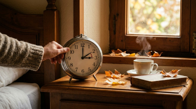 Reloj analógico clásico en una mesilla con iluminación otoñal mostrando el cambio de hora de octubre