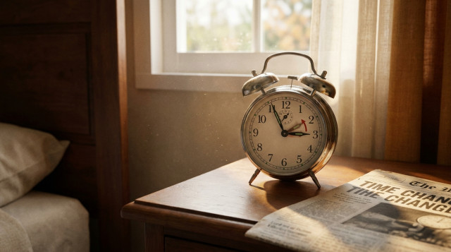 Primer plano de un reloj despertador clásico sobre una mesilla de noche con las manecillas marcando el cambio de hora de octubre
