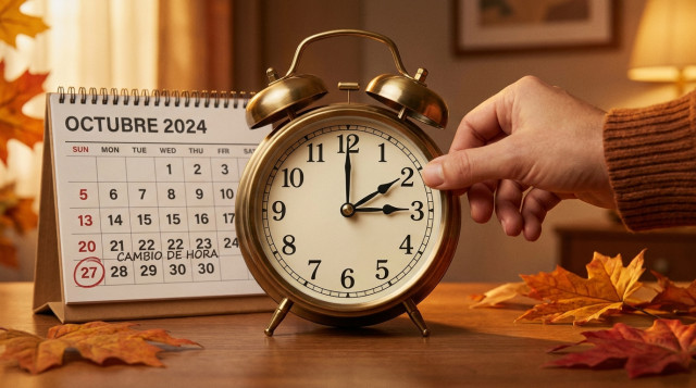 Primer plano de un reloj de mesa clásico con las manecillas marcando las tres de la madrugada y un calendario de fondo mostrando el cambio de hora de otoño