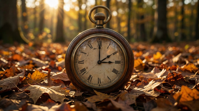 reloj analógico antiguo con manecillas marcando el cambio de hora de otoño sobre un fondo de hojas secas y luz crepuscular