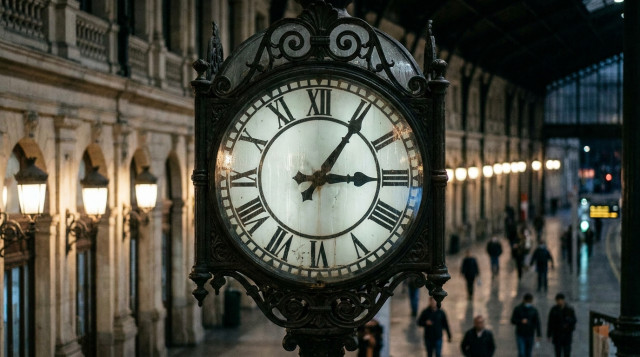primer plano detallado de la esfera de un reloj de estación de tren en España mientras una aguja se retrasa de las tres a las dos de la madrugada