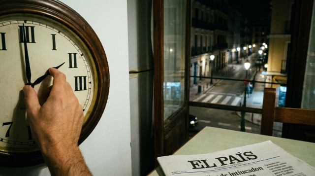 reloj analógico de pared marcando las 3:00 con una mano girándolo hacia las 2:00 en la madrugada del cambio de hora de octubre