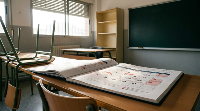 aula vacía de colegio con un calendario escolar abierto sobre el pupitre con los días no lectivos marcados