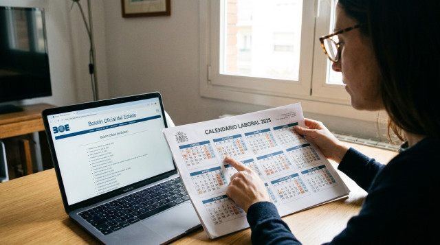 persona consultando un calendario laboral oficial en papel junto a un ordenador abierto con el BOE