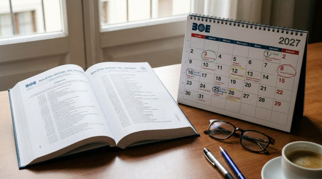 Ejemplar oficial del BOE abierto junto a un calendario laboral con anotaciones sobre días festivos nacionales y autonómicos