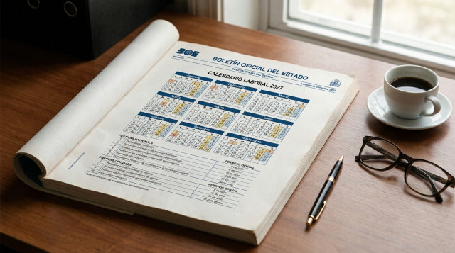 ejemplar impreso del Boletín Oficial del Estado abierto sobre una mesa de oficina mostrando la tabla del calendario laboral oficial