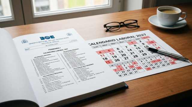Vista en primer plano de un documento oficial del BOE junto a un calendario laboral impreso con días marcados en rojo sobre un escritorio de oficina