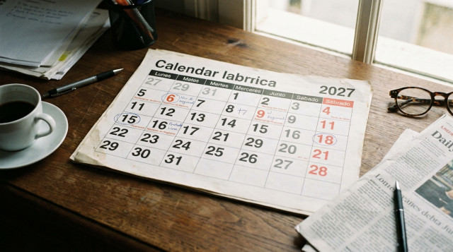 Calendario laboral impreso sobre una mesa de trabajo con anotaciones en los días festivos nacionales y autonómicos