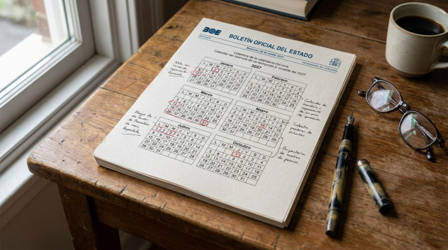 documento oficial del Boletin Oficial del Estado abierto sobre un escritorio con anotaciones sobre el calendario laboral