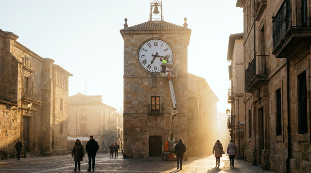 reloj de una plaza española al amanecer, símbolo del cambio de hora y del horario de invierno
