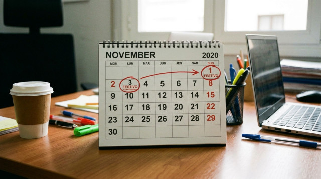 Detalle de calendario de noviembre señalando el domingo día 1 y el lunes día 2 en una mesa de trabajo de oficina