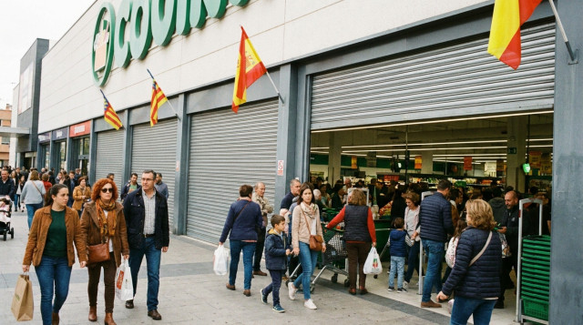 Persianas de un centro comercial y compradores en el acceso a un supermercado en festivo nacional