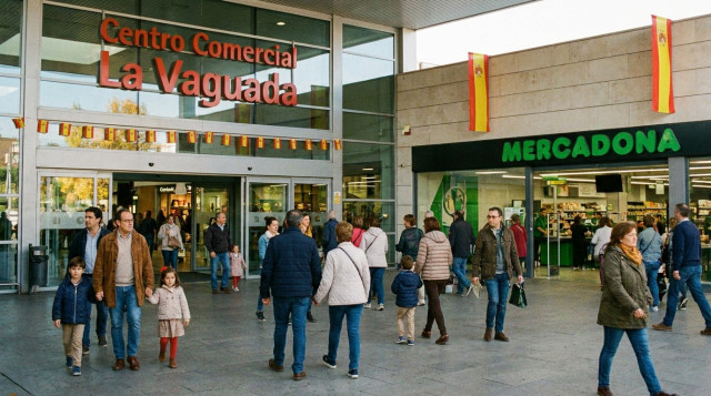 Clientes accediendo a un centro comercial y supermercado durante el festivo del 12 de octubre en España
