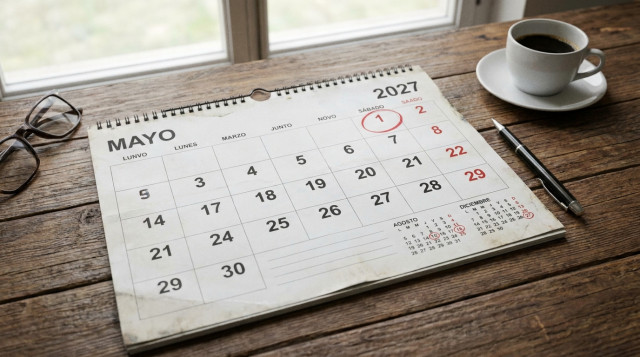 hoja de calendario con los festivos de 2027 y el 1 de mayo marcado en sábado