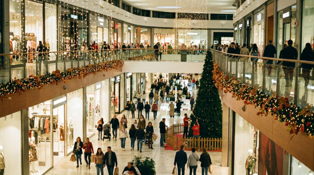 Clientes recorriendo un centro comercial iluminado durante un domingo de compras y festivos de apertura comercial en noviembre