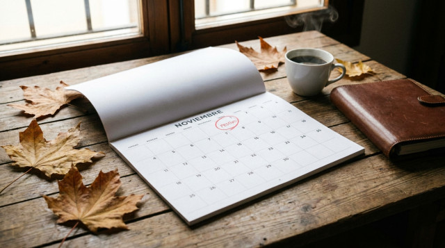 calendario de mesa abierto en el mes de noviembre con el dia 1 marcado en rojo y hojas otoñales alrededor