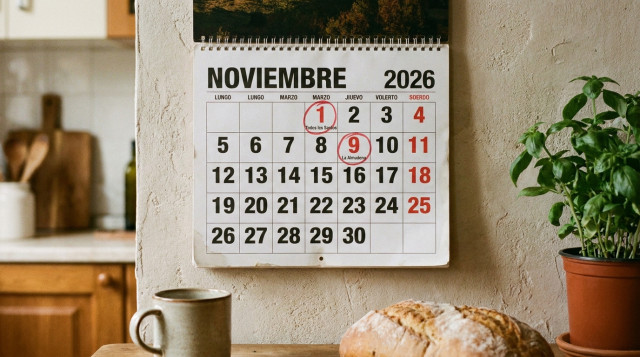 calendario de pared con noviembre de 2026 y los días 1 y 9 marcados, para ilustrar los festivos de noviembre