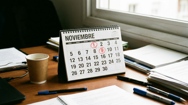 calendario de pared con la hoja de los festivos de noviembre y los días 1 y 9 marcados en rojo sobre una mesa de oficina