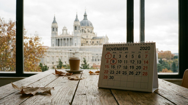 calendario de festivos de noviembre con el domingo 1 y el lunes 9 señalados junto a la Catedral de la Almudena de Madrid