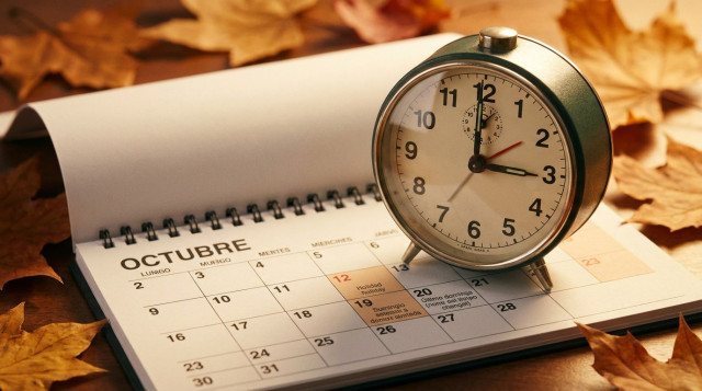 reloj analógico con manecillas marcando el cambio de hora otoñal sobre un calendario de mesa
