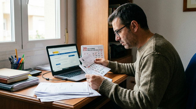 Autónomo revisando facturas y calendario laboral frente al ordenador para tramitar la declaración trimestral de Hacienda