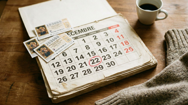décimos de Lotería de Navidad sobre un calendario de diciembre con el 22 de diciembre señalado