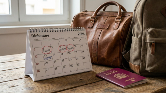 calendario de mesa abierto en el mes de diciembre con los días festivos señalados y equipaje de viaje preparado
