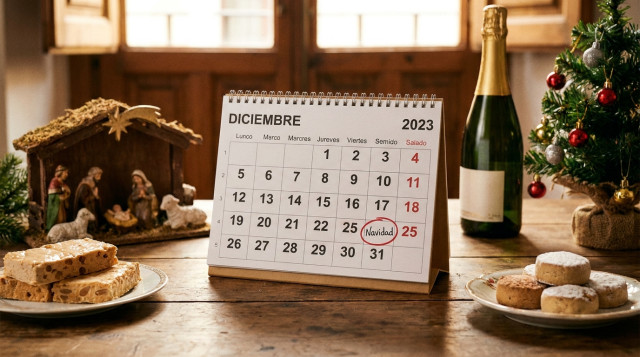 calendario de festivos de Navidad con el viernes 25 de diciembre señalado junto a adornos navideños sobre una mesa