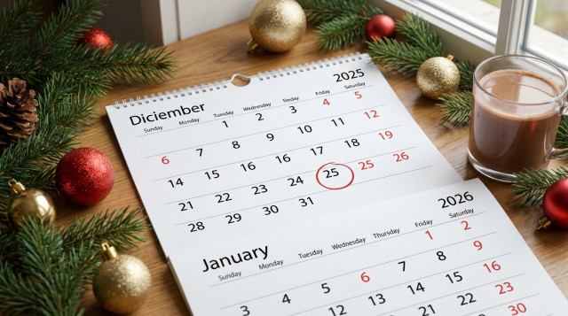 calendario de pared abierto en diciembre con el 25 marcado en viernes, ilustrando los festivos de diciembre y enero