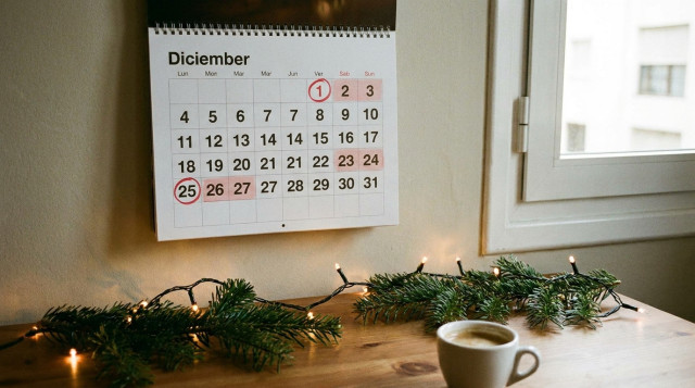 calendario de pared abierto en diciembre con el viernes 25 marcado, ilustrando los festivos de Navidad y los fines de semana largos