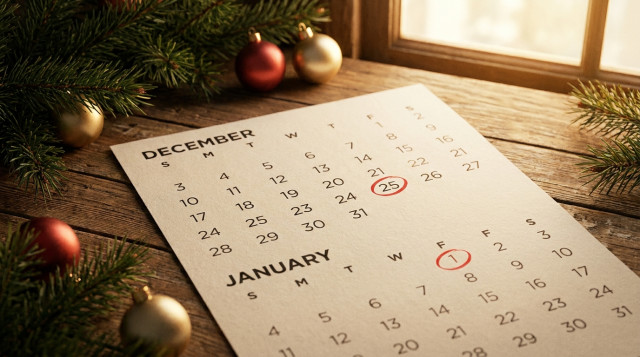 página de calendario de Navidad con el 25 de diciembre y el 1 de enero señalados en viernes