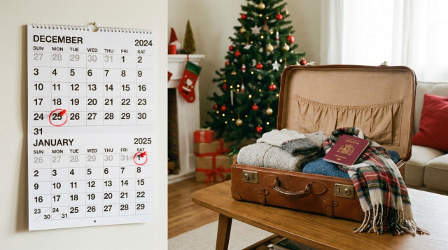 calendario con señaladores en los viernes de Navidad y Año Nuevo junto a una maleta de viaje lista para una escapada