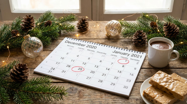 calendario de festivos de Navidad y Año Nuevo con el viernes 25 de diciembre y el viernes 1 de enero marcados sobre una mesa con adornos navideños
