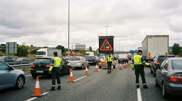 control de tráfico de la DGT con conos y señalización variable en una autovía durante la salida del puente del 12 de octubre