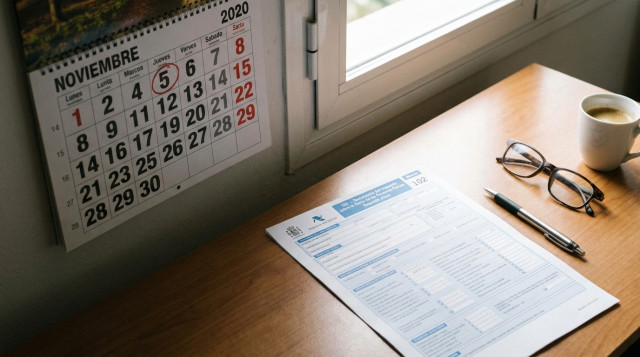 documento de ingreso del segundo plazo del pago fraccionado de la Renta junto a un calendario con el jueves 5 de noviembre marcado