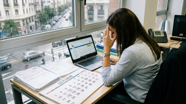 profesional revisando facturas y el calendario fiscal de octubre frente a un ordenador portátil