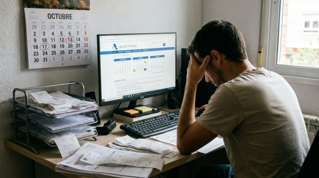 Persona revisando facturas trimestrales frente a un ordenador con la web de la Agencia Tributaria abierta en pantalla