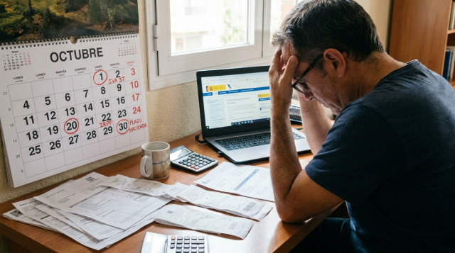 contribuyente revisando facturas y calendario con plazos fiscales de octubre sobre una mesa de trabajo
