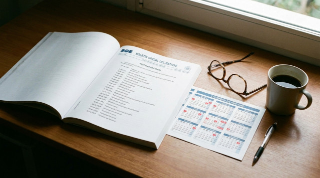 ejemplar del Boletín Oficial del Estado abierto sobre una mesa de trabajo junto a un calendario laboral impreso