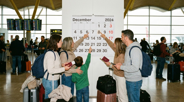 viajeros consultando el calendario en un aeropuerto para planificar el puente de diciembre
