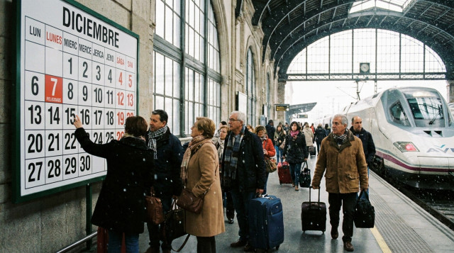 viajeros consultando el calendario de festivos del puente de diciembre en una estación de tren con ambiente invernal