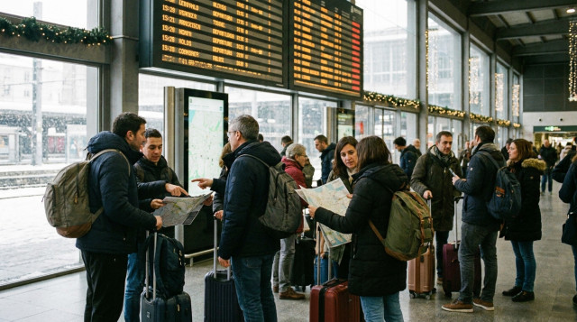 viajeros consultando horarios de trenes y mapas durante el puente de diciembre en una estación española